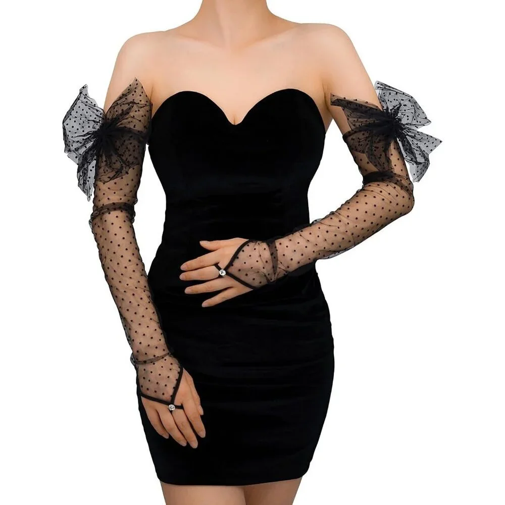 Women's Fingerless Black Long Bow Polka Dot Lace Gloves Sheer Party Accessories